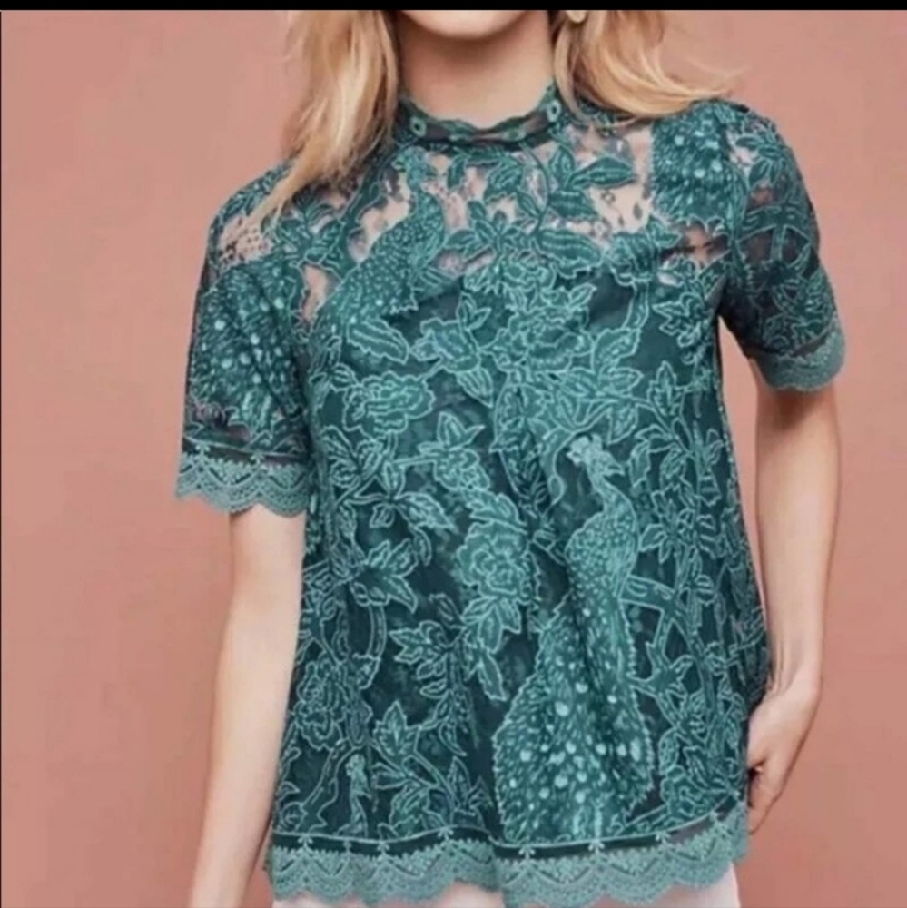 New!! Anthropologie HD in Paris Blue Green Peacock Lace Blouse Size 4